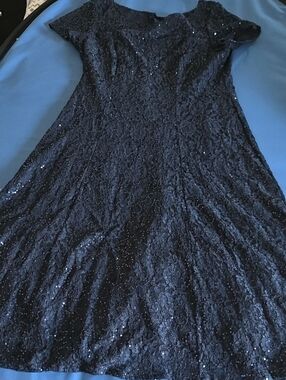 SLNY Blue Lace Sequin Midi Dress